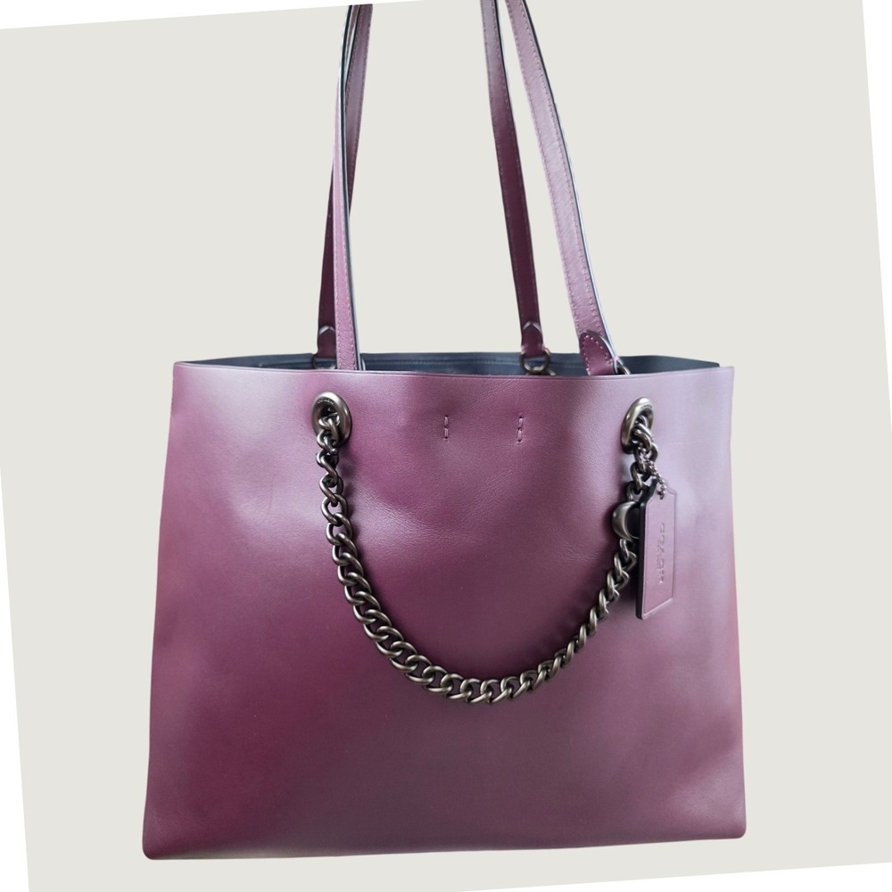 Coach Heather Chain Central Tote Bag Shoulder Plum Leather Brown Bronze Hardware